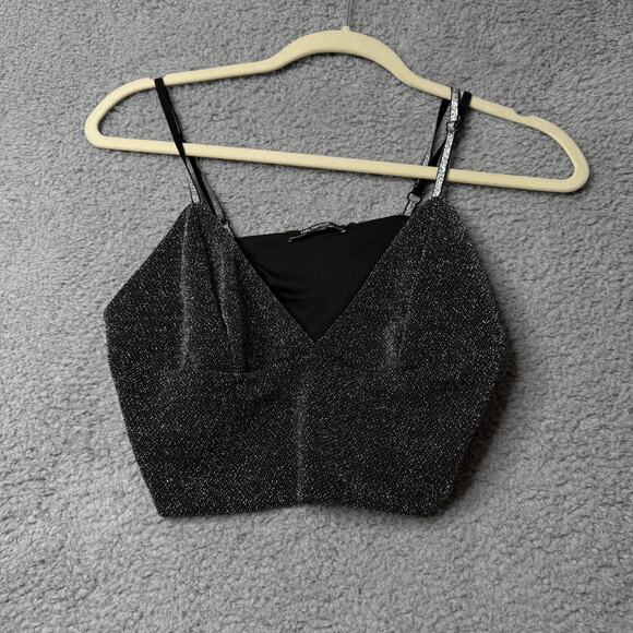 Zara Trafaluc Tank Top Women's Large Black Sparkle Sleeveless Crop Top - Picture 1 of 6